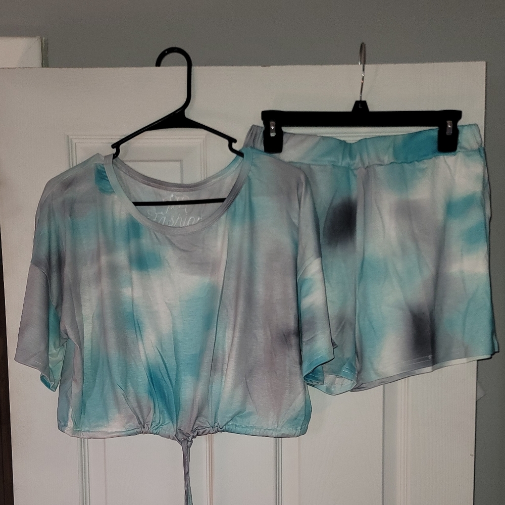 Tie-Dye Two-Piece Lounge Set — Aqua & Gray